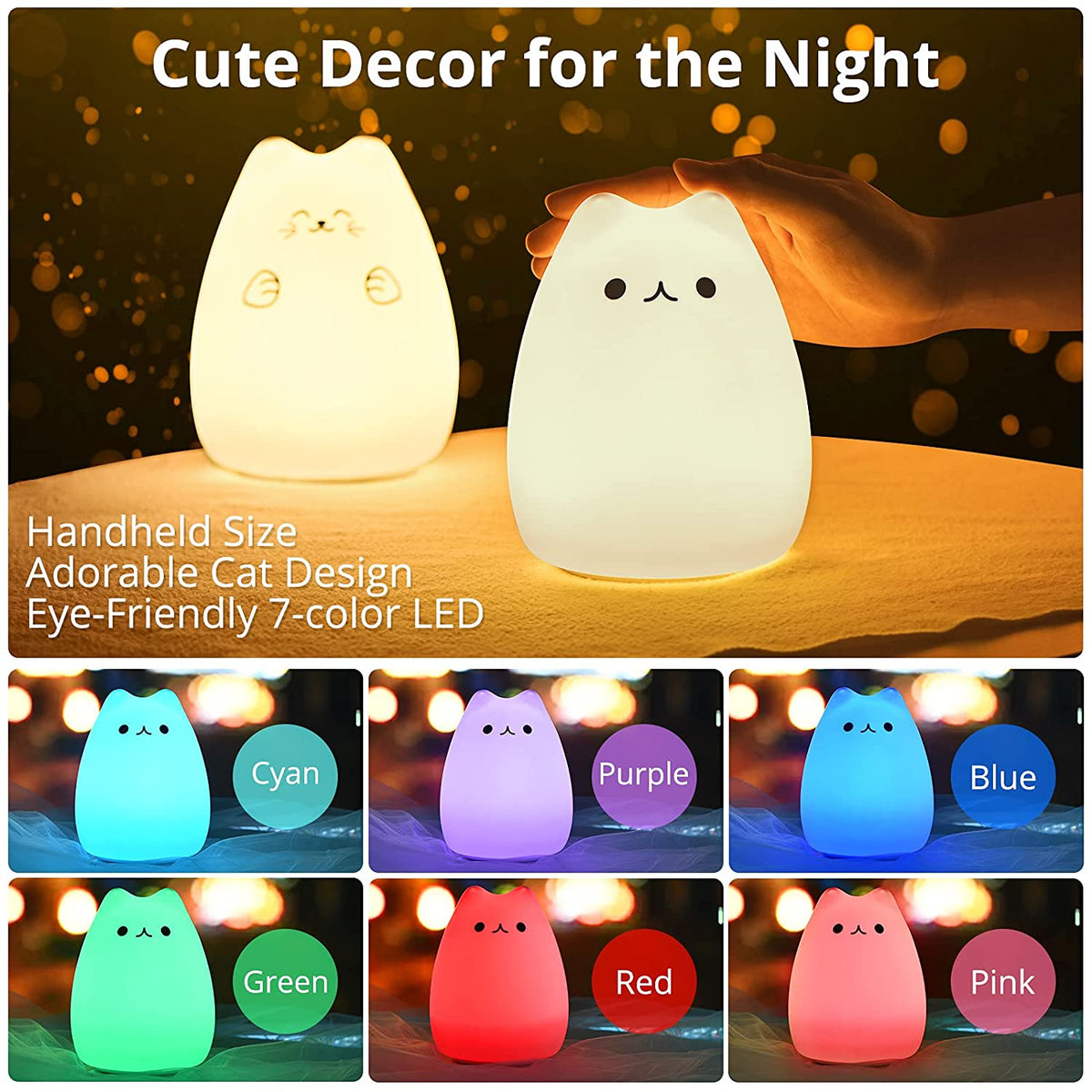 Kitty silicone night lamp with remote – rechargeable 7-color LED light, photo 2